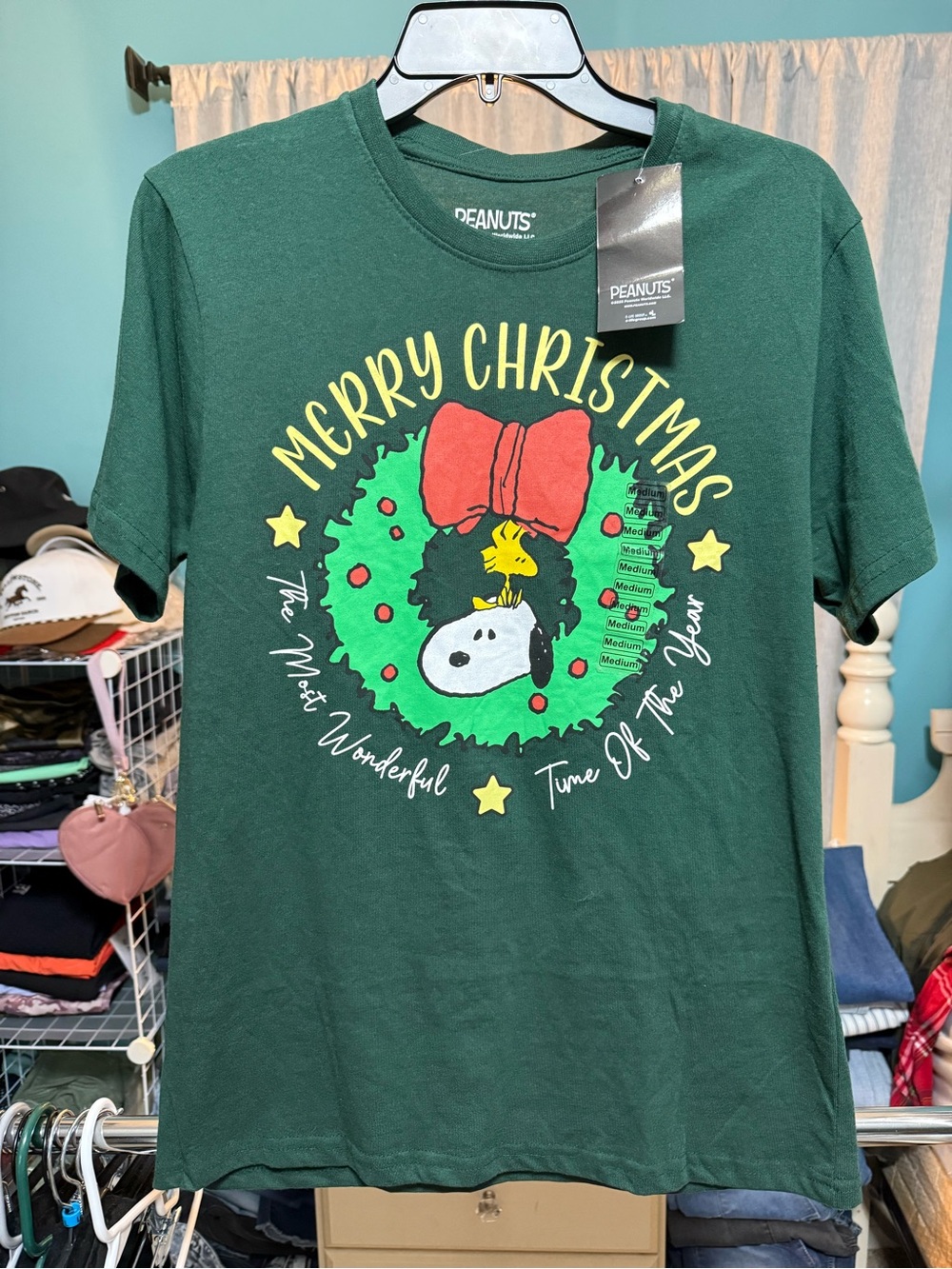 Peanuts Snoopy Woodstock Merry Christmas Graphic Tee Green M NW